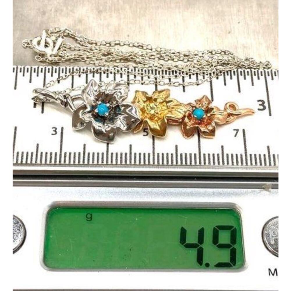 Lenox Dogwood Flowers 925 Silver Tri-Tone Gold Silver Copper Necklace R24 - Picture 6 of 6